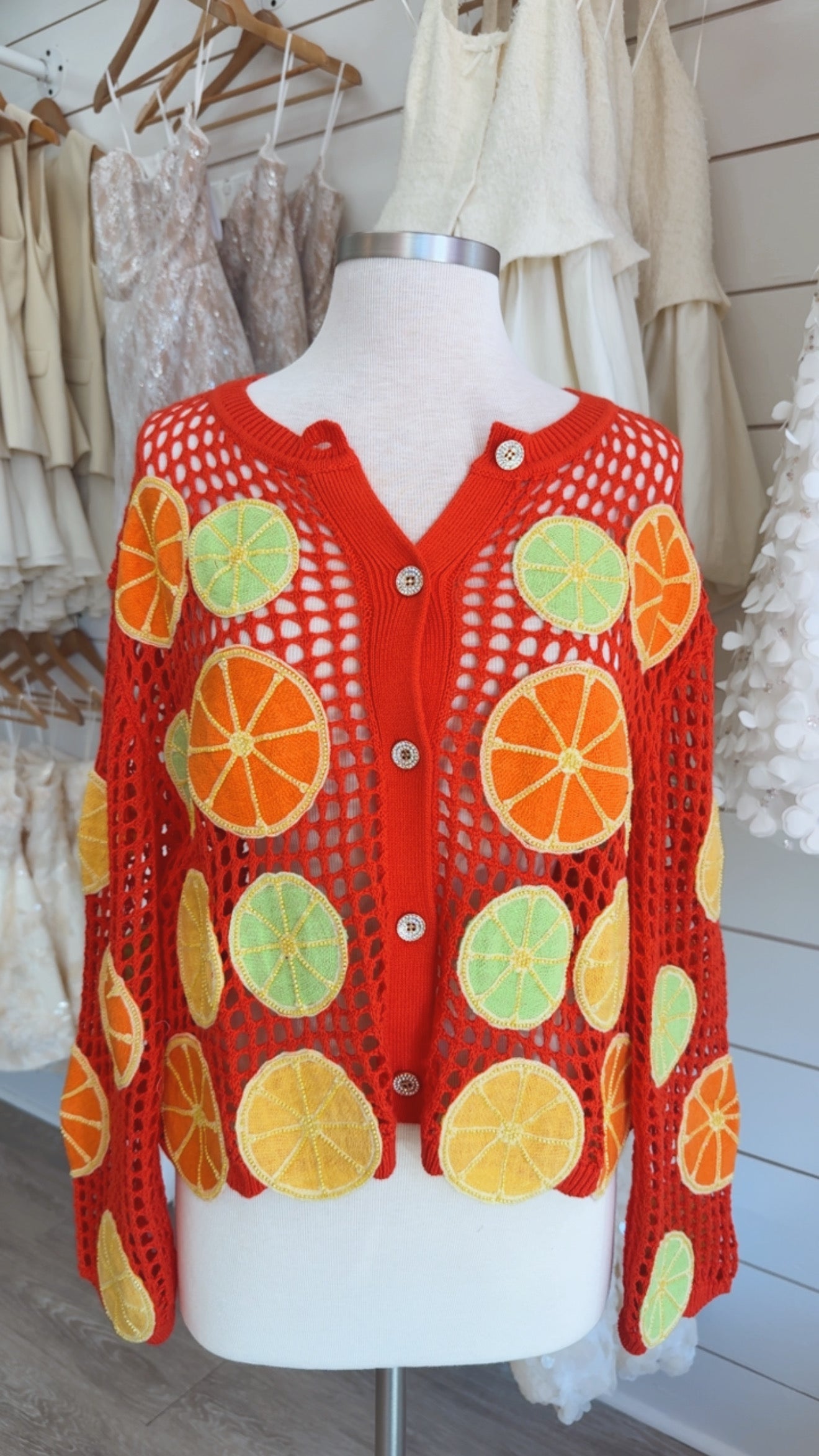 Queen of Sparkles | Crochet Lemon, Lime and Orange Button Up Sweater (SMALL)
