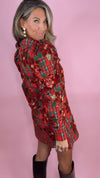 Queen of Sparkles Red Plaid Poinsettia Oversized Collar Puff Sleeve Dress