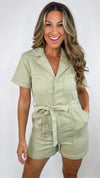 Skies Are Blue Green Utility Romper