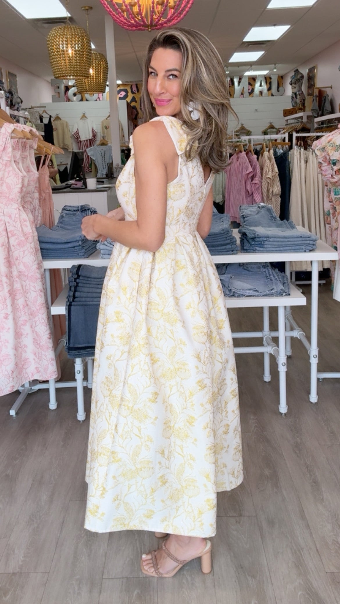 Gold Metallic Flower Bow Shoulder Midi Dress (MEDIUM)