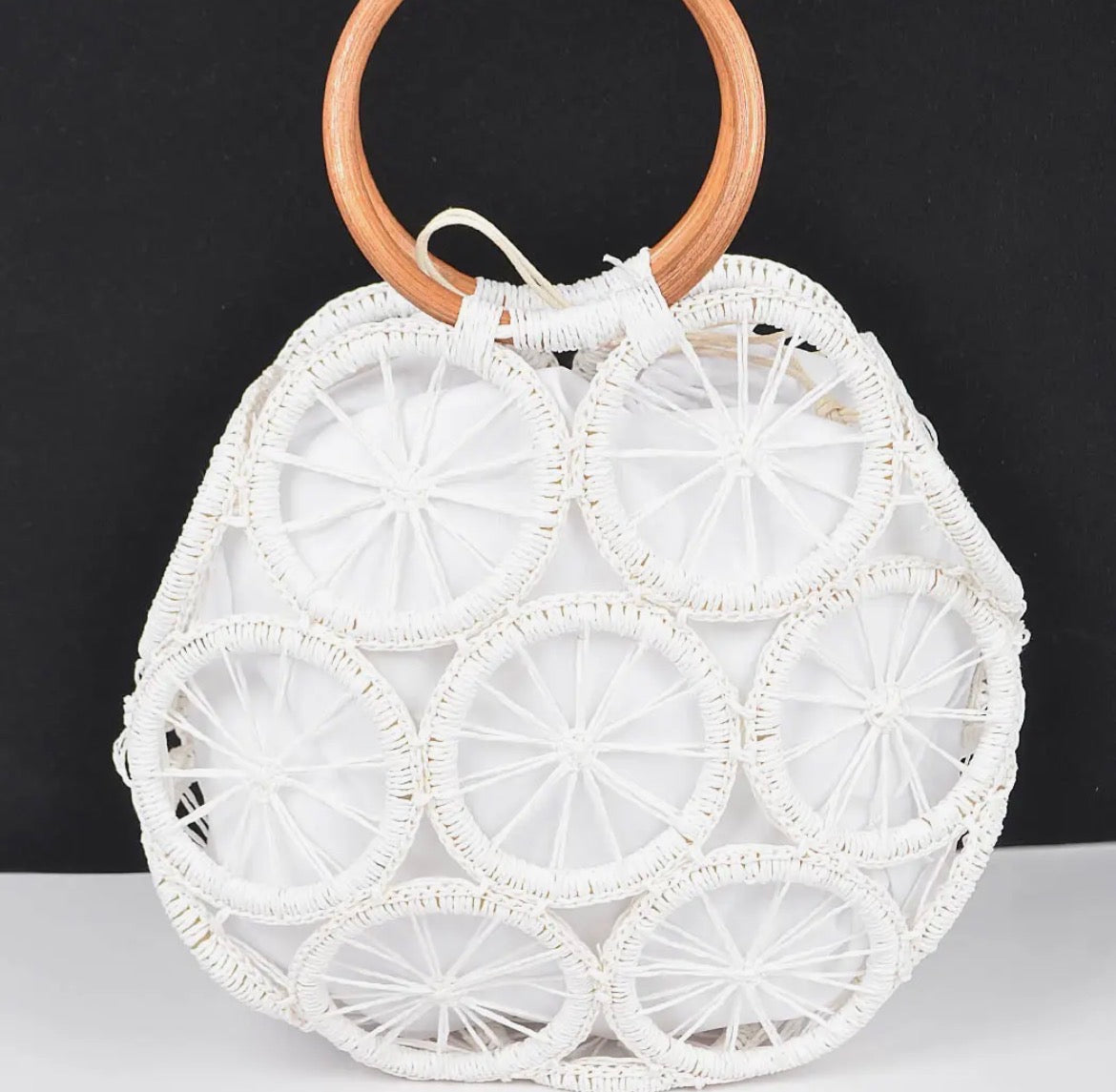 White Faux Straw Round Tote Bag