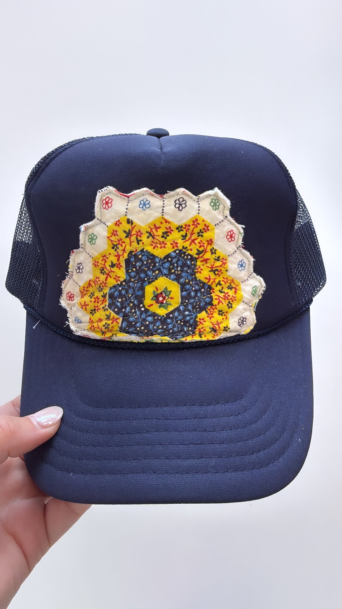 Yellow Navy Floral Quilted Trucker Hat