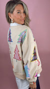 Queen of Sparkles Beige Multi Plaid & Stripe Christmas Tree Sweatshirt