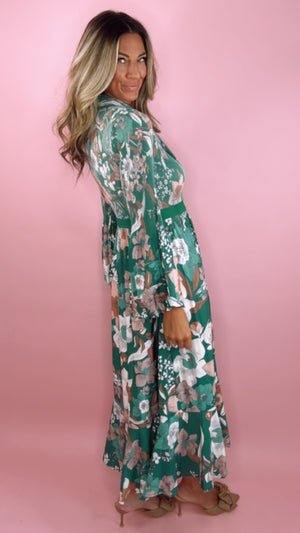 Current Air Green Floral Notched Collar Midi Dress