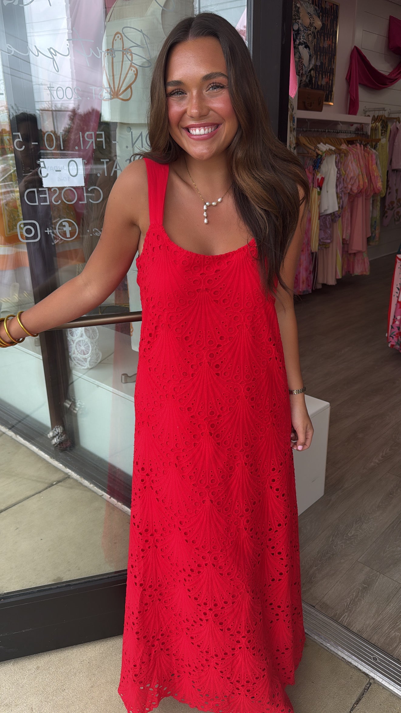 Red Eyelet Maxi Dress