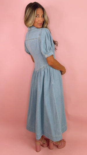 Denim Puff Sleeve Button Down Midi Dress