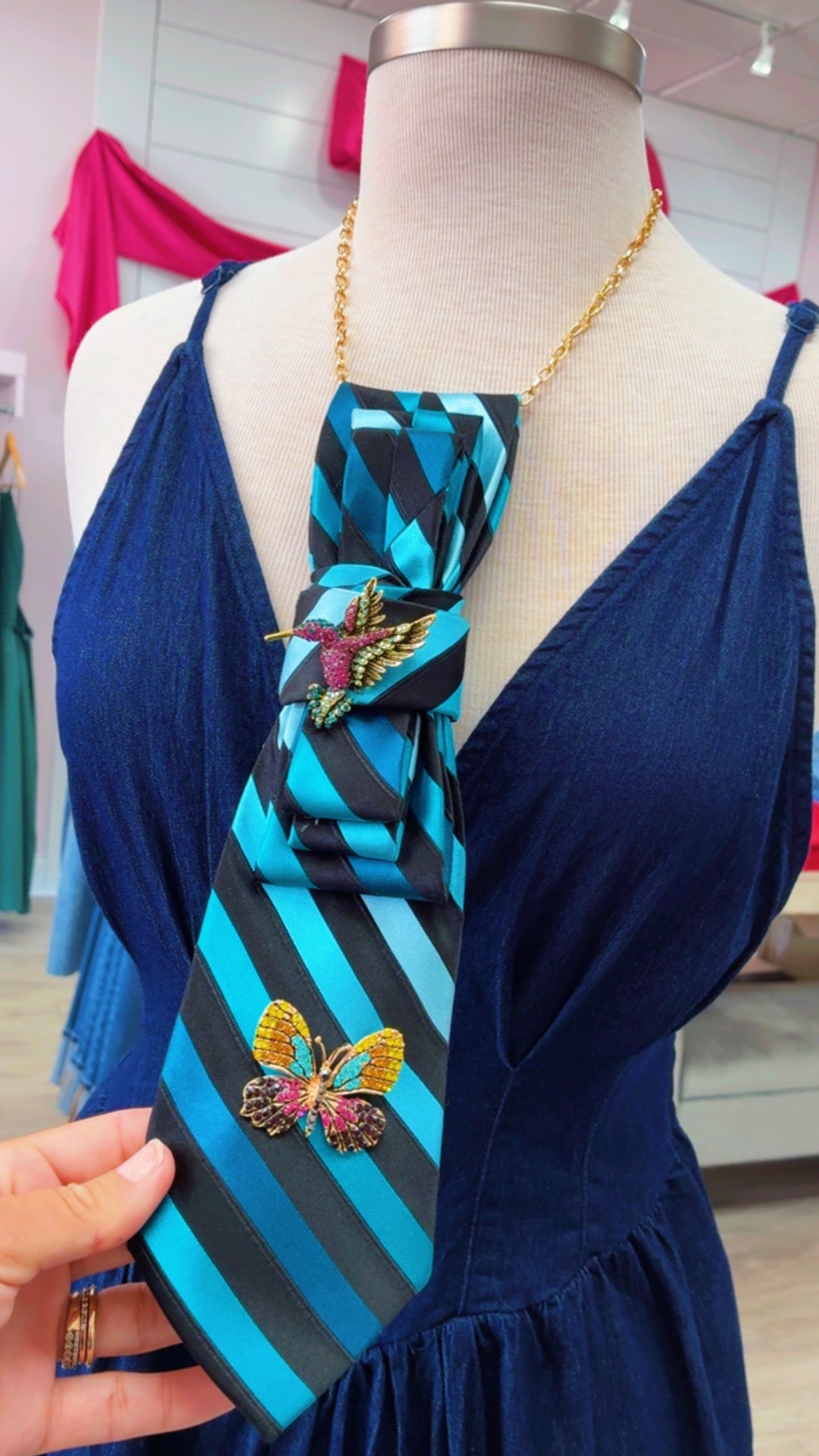 Tie Necklace | Blue Stripes Butterfly+Hummingbird