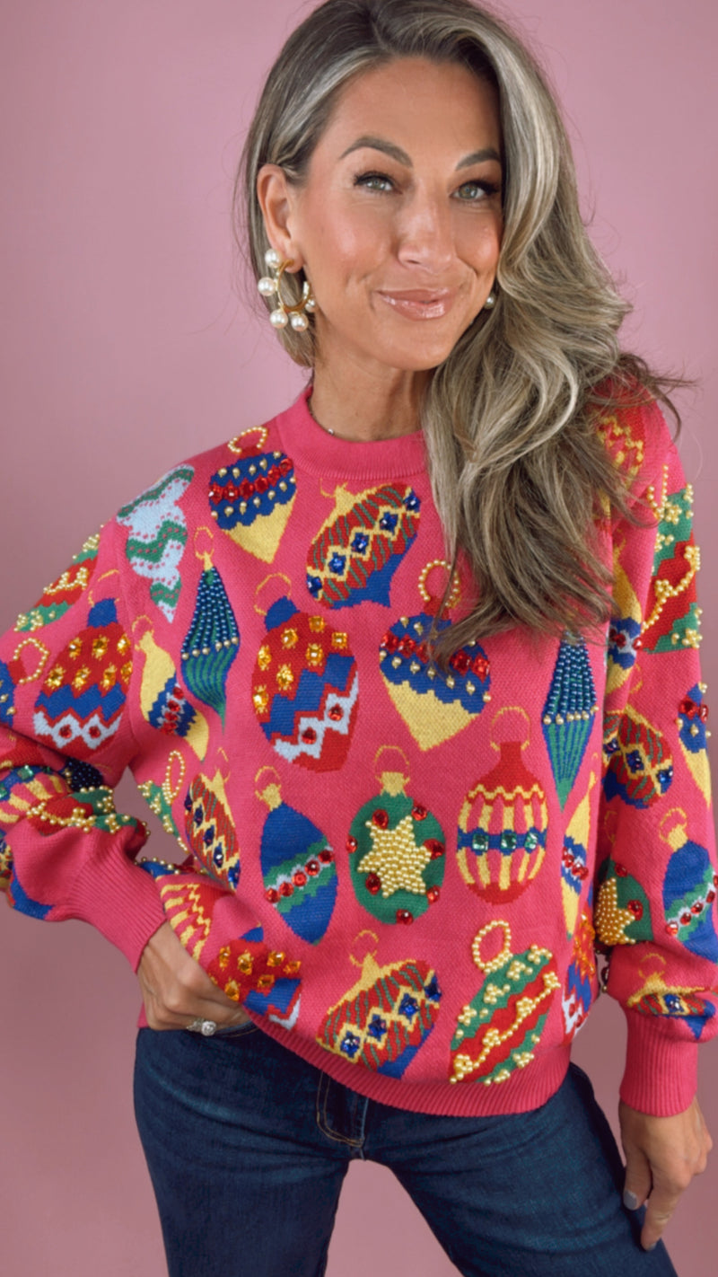 Queen of Sparkles Hot Pink Multi Jewel Ornament Sweater