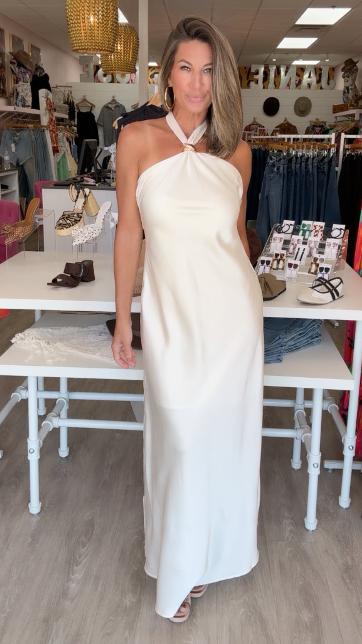Karlie | Ivory Solid Satin Halter Maxi Dress