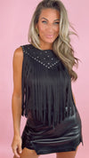Black Sleeveless Studded Suede Top With Fringe