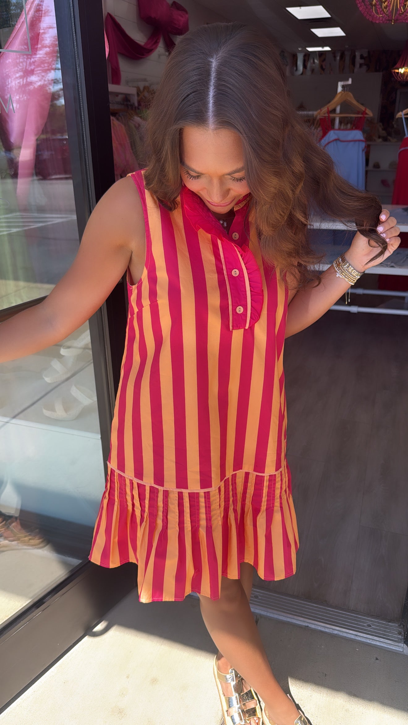 Orange Sleeveless Ruffle Stripe Mini Dress