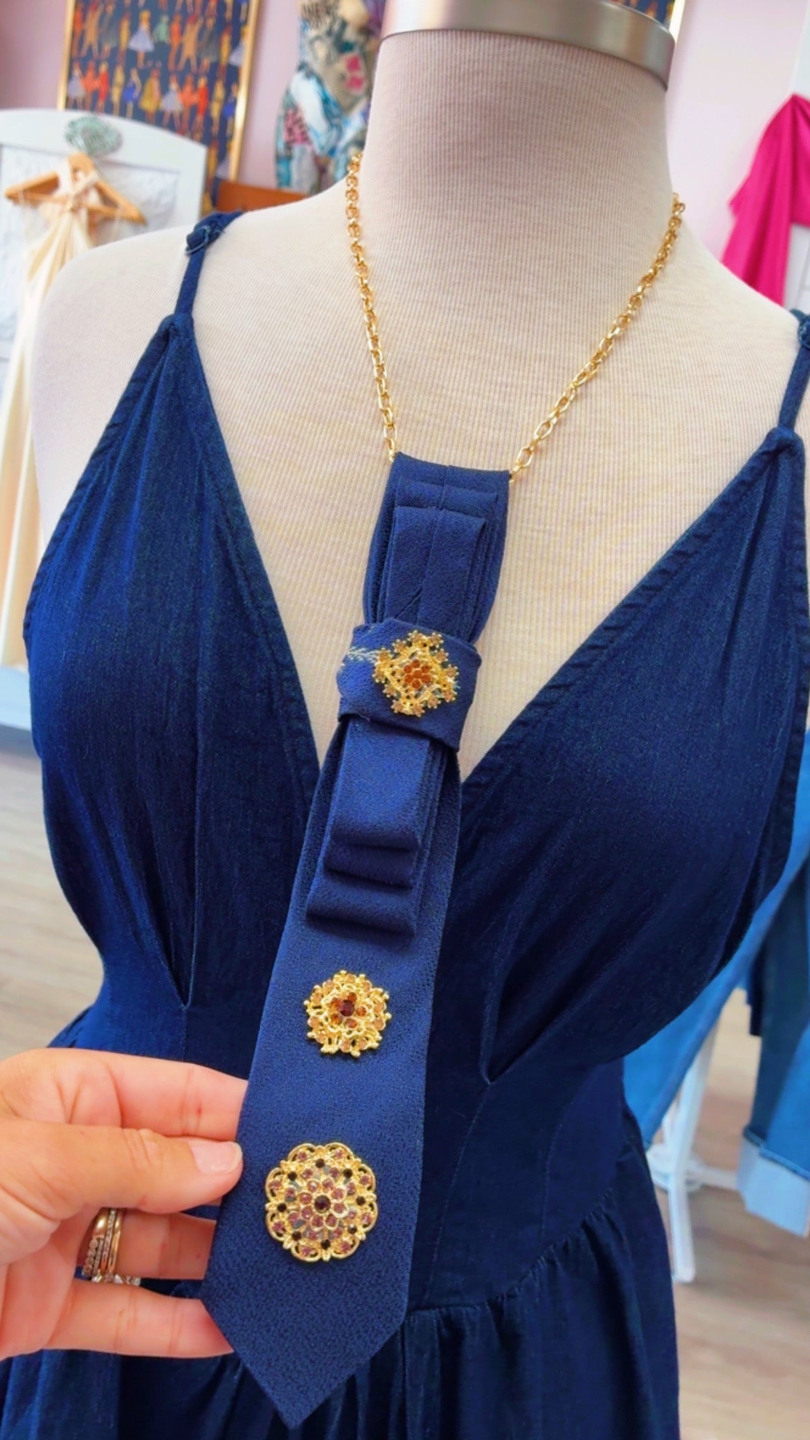 Tie Necklace | Blue w/ Triple Brooches