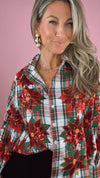 Queen of Sparkles Plaid Poinsettia Cotton Button Up Top
