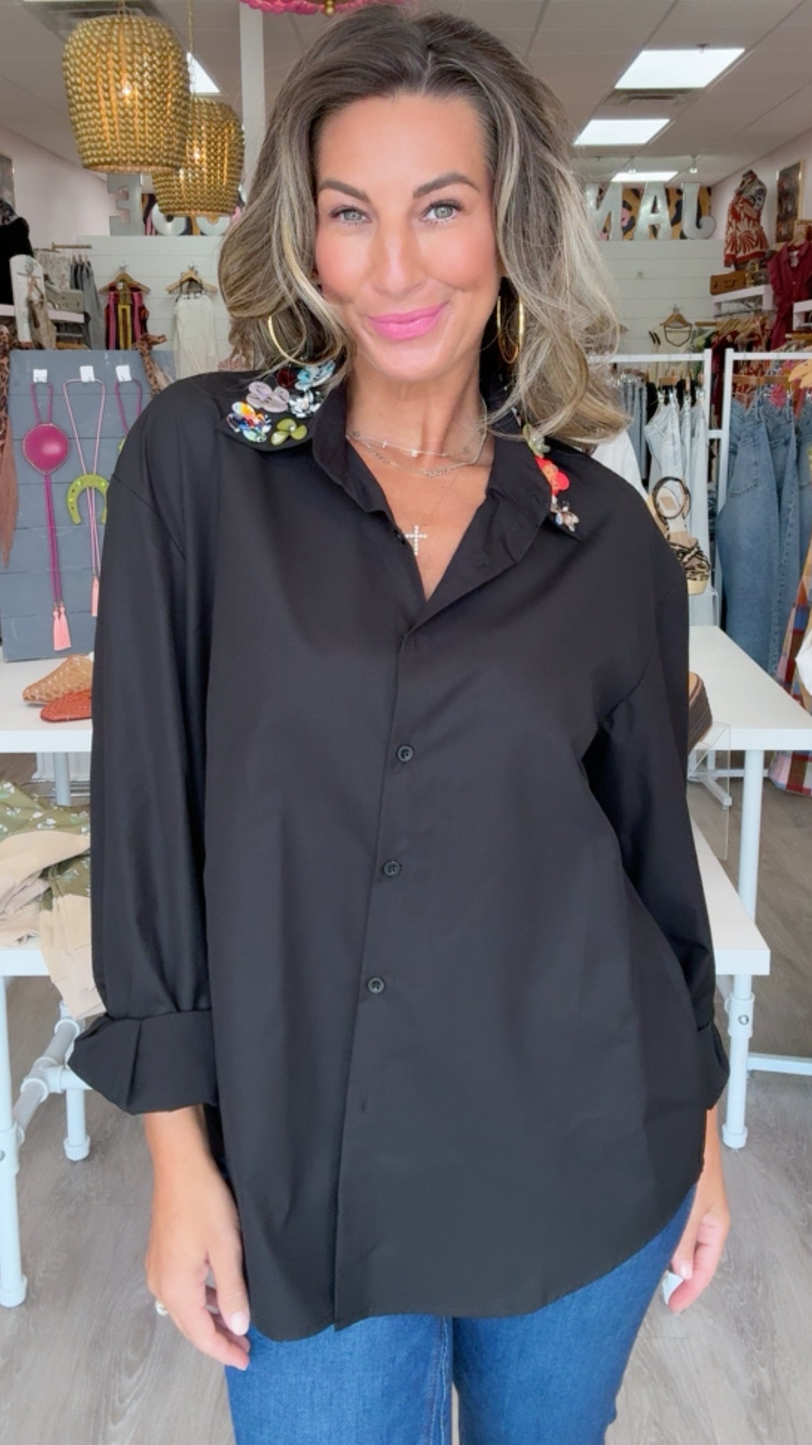 Karlie | Black Embellished Collar Poplin Top