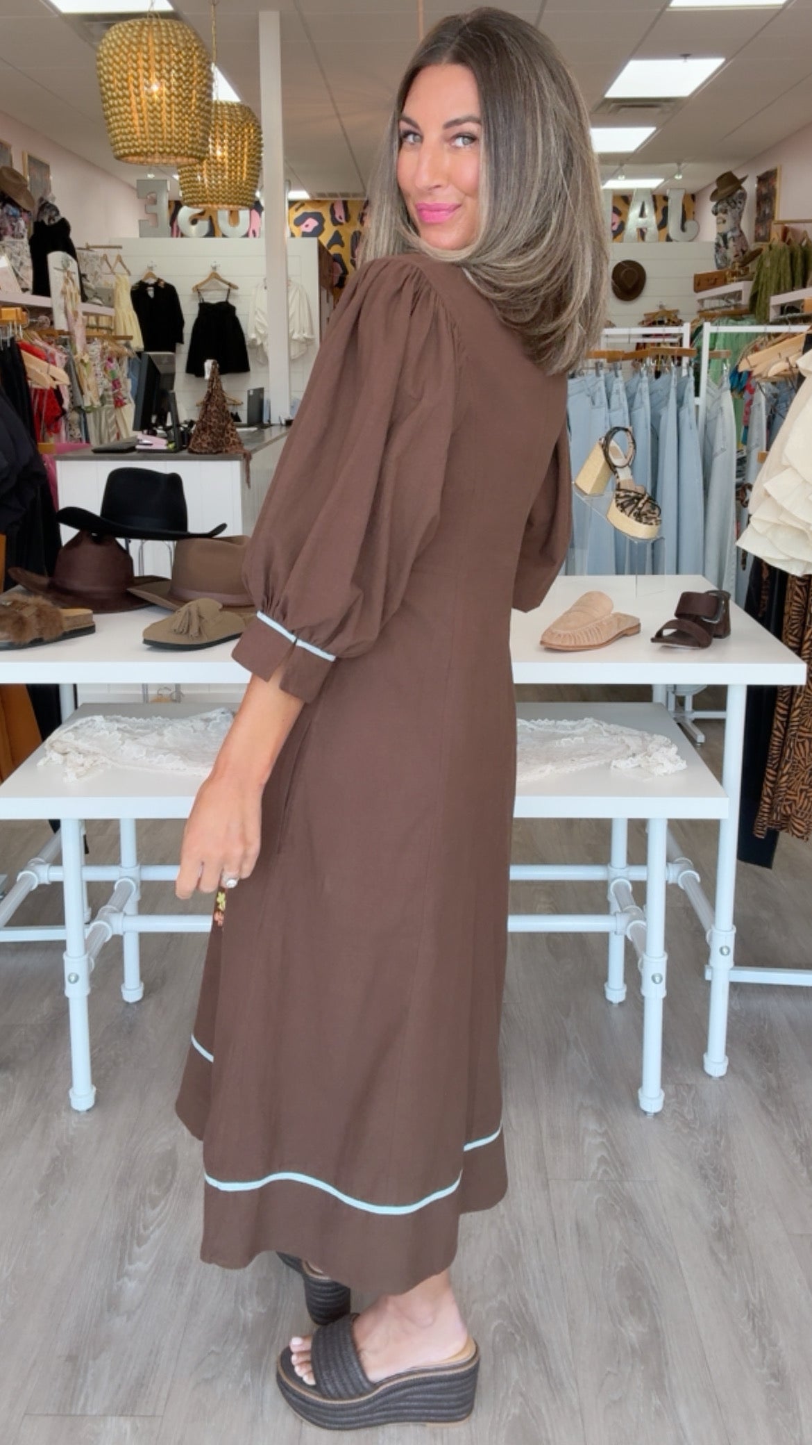 Ivy Jane | Brown Embroidered Midi Dress