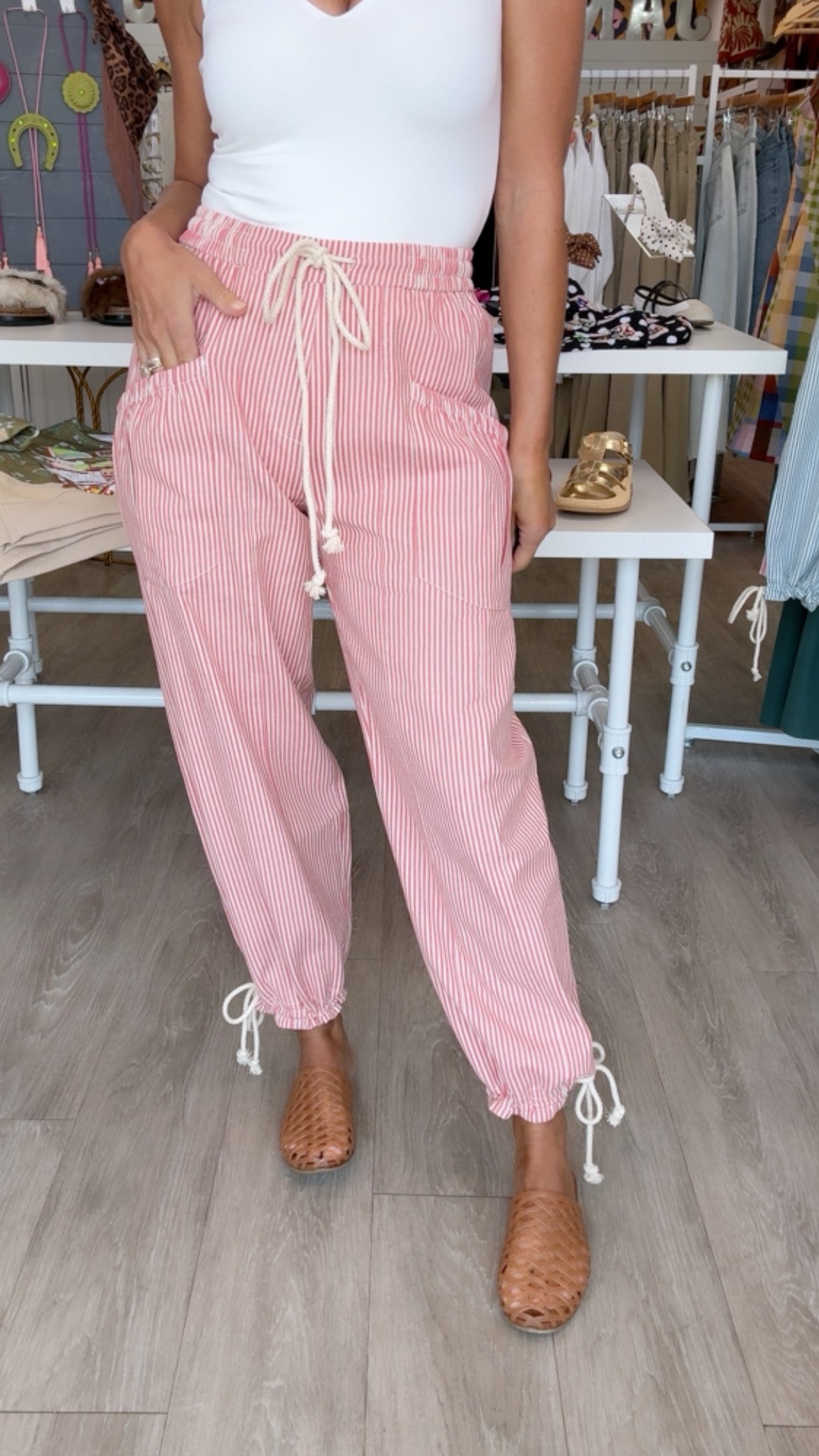 Salmon Pink Stripe Pant w/ Cinch Ankle