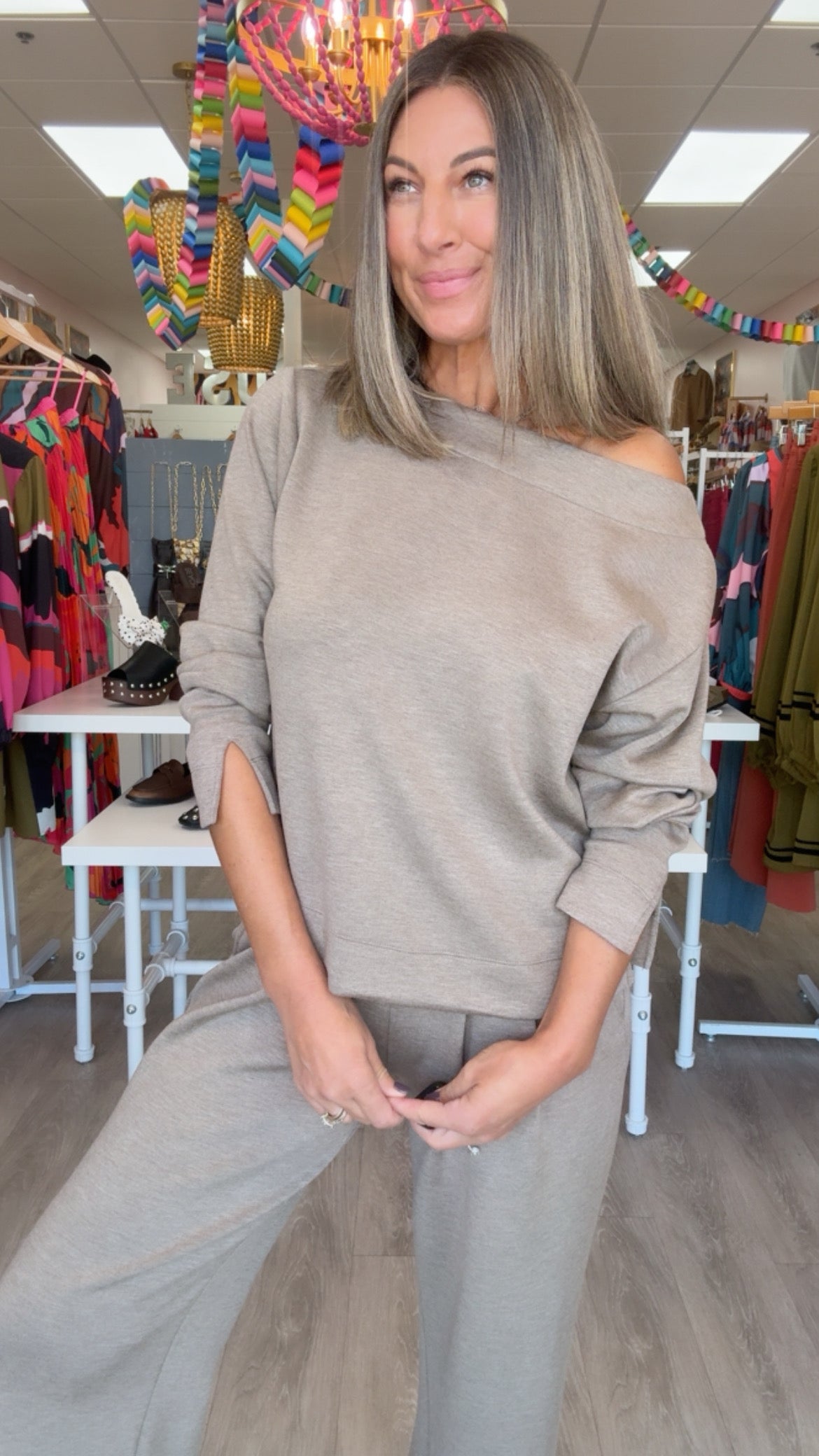 Liverpool | Heathered Taupe Boat Neck Top (Set Sold Separately)