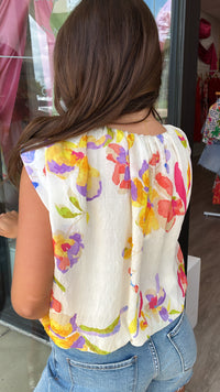 THML | Cream Sleeveless Floral Top