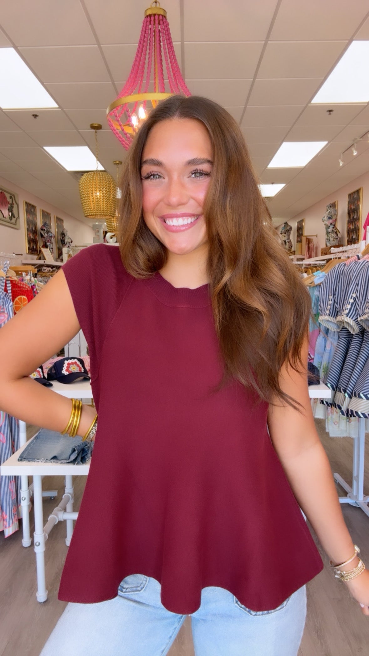 Wine Knit Cap Sleeve Top