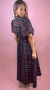 Navy Plaid Tie Waist Midi Dress