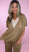 Current Air Mocha Latte Pleat V-Neck Set