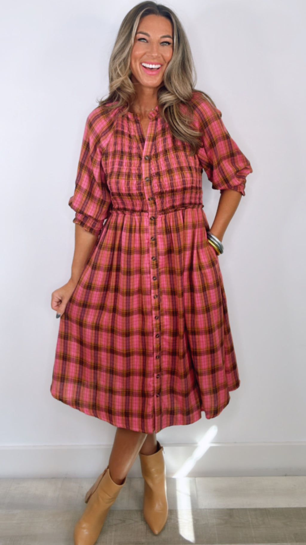 Uncle Frank Gauze Plaid Smocked Dress