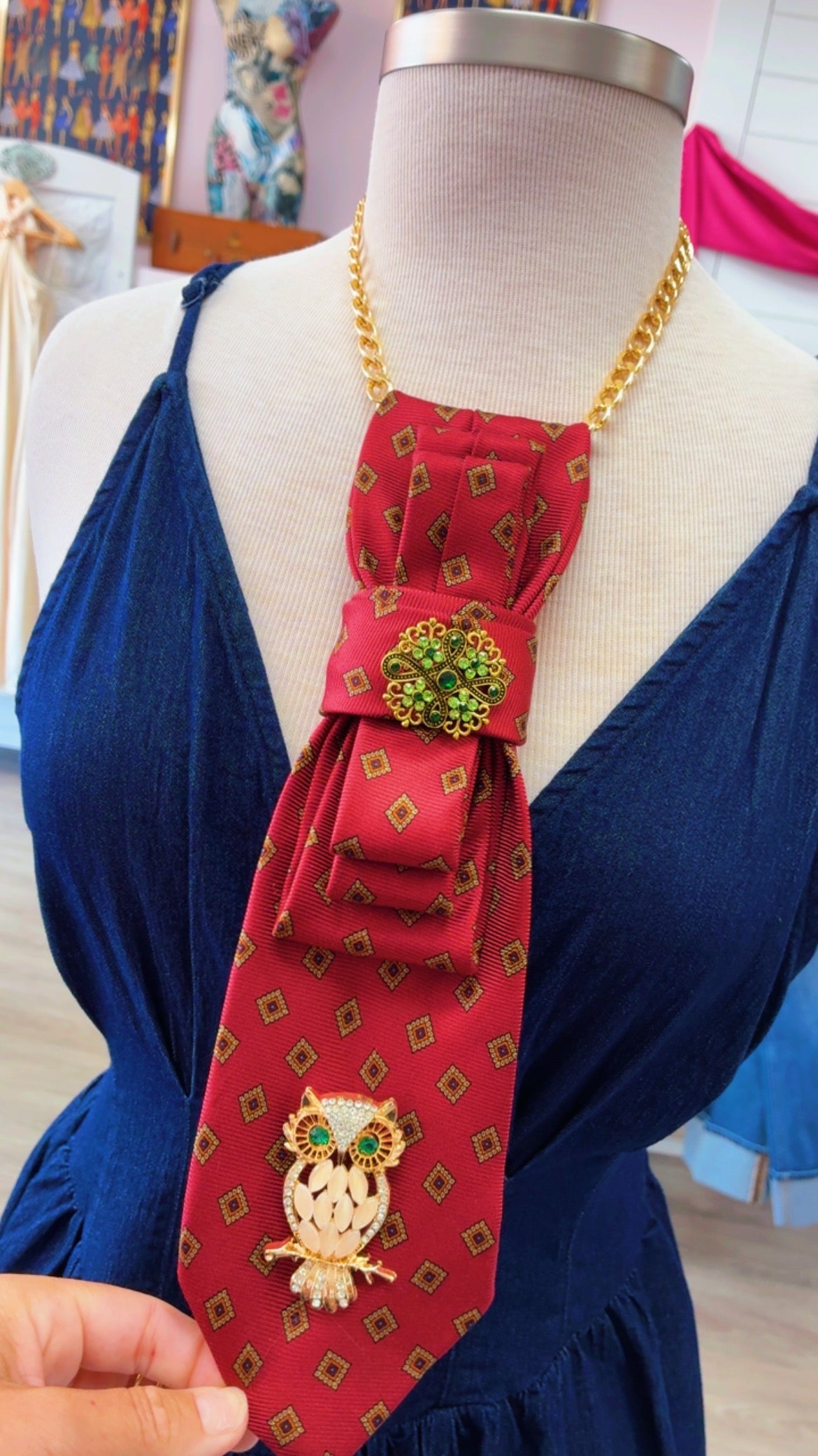Tie Necklace | Burgundy Owl Brooch