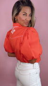 THML Orange Flower Embroidered Puff Sleeve Top