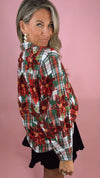 Queen of Sparkles Plaid Poinsettia Cotton Button Up Top