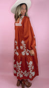 Terracotta Floral Embroidered Tiered Midi Dress