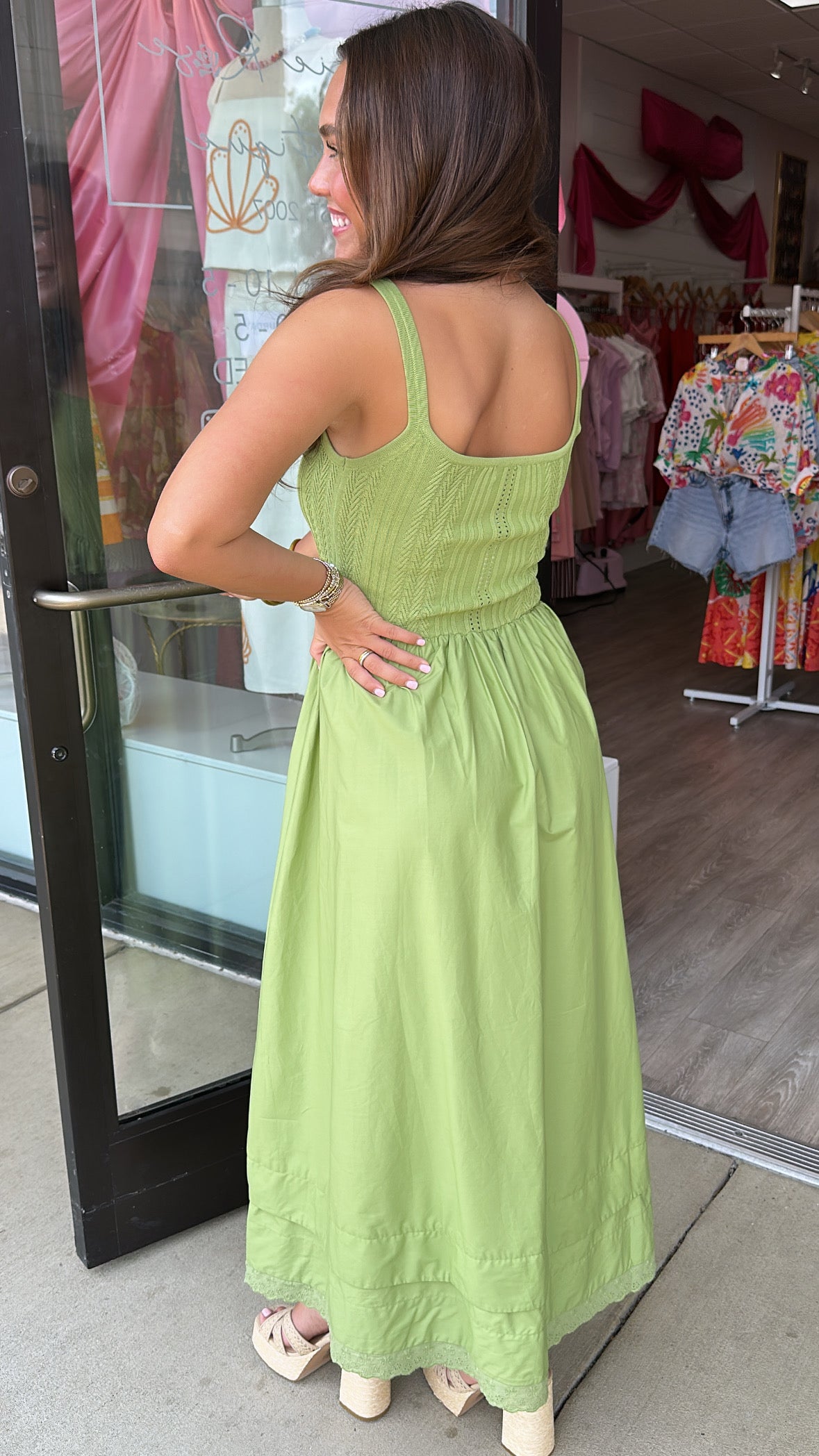 Moon River | Olive Pointelle Knit Sleeveless Midi Dress