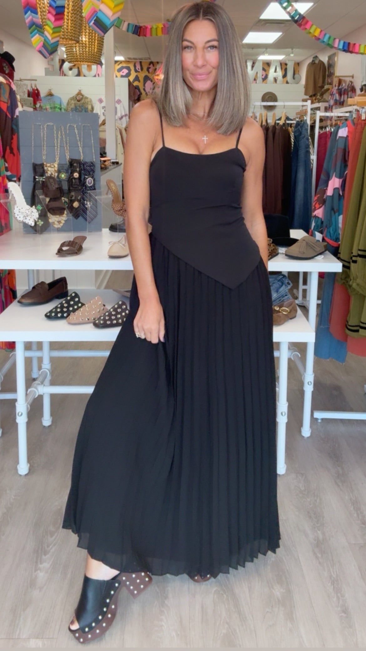 Black Heavy Woven + Chiffon Mixed Asymmetical Maxi