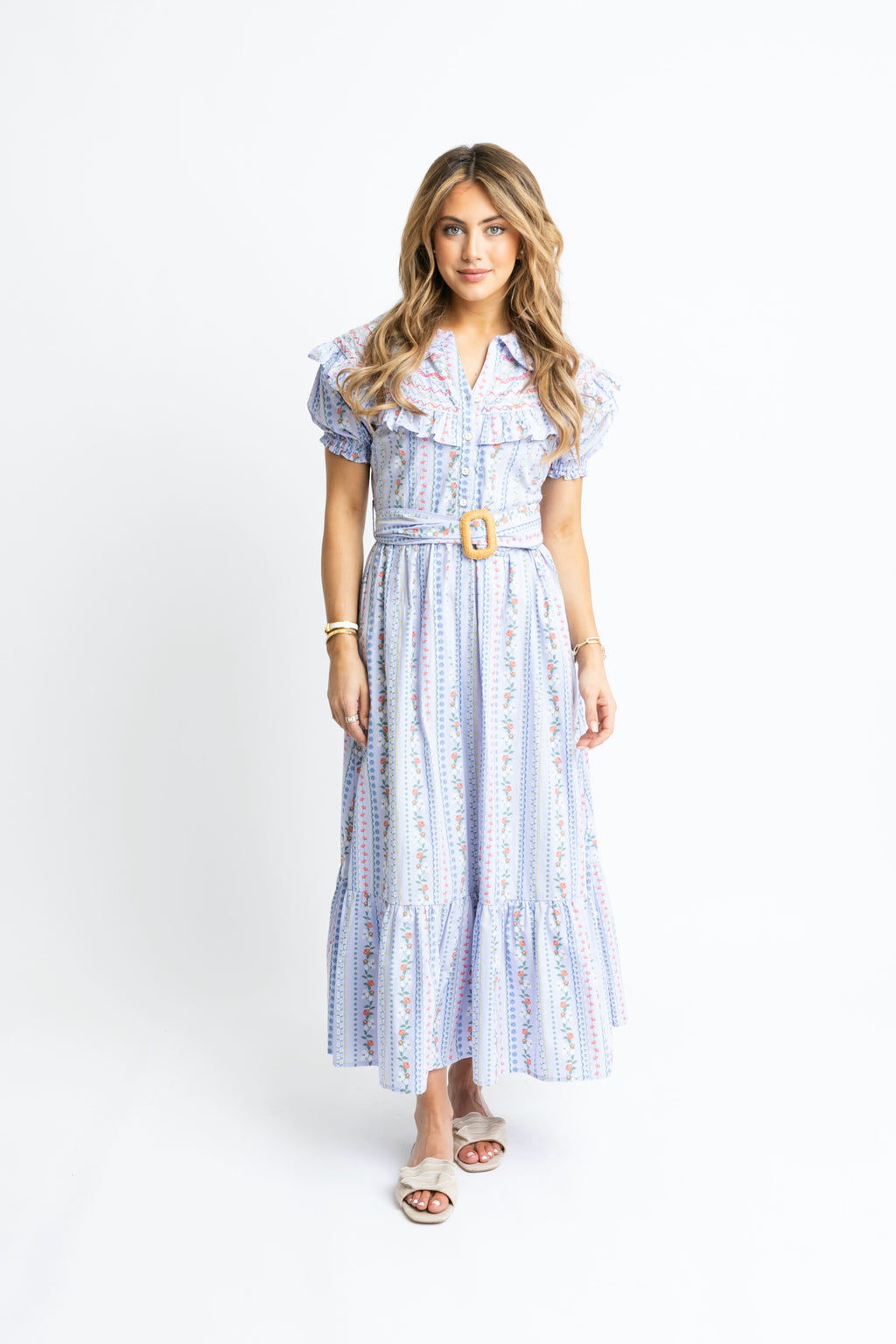 Karlie French Floral Embroidered Belted MaxI Dress