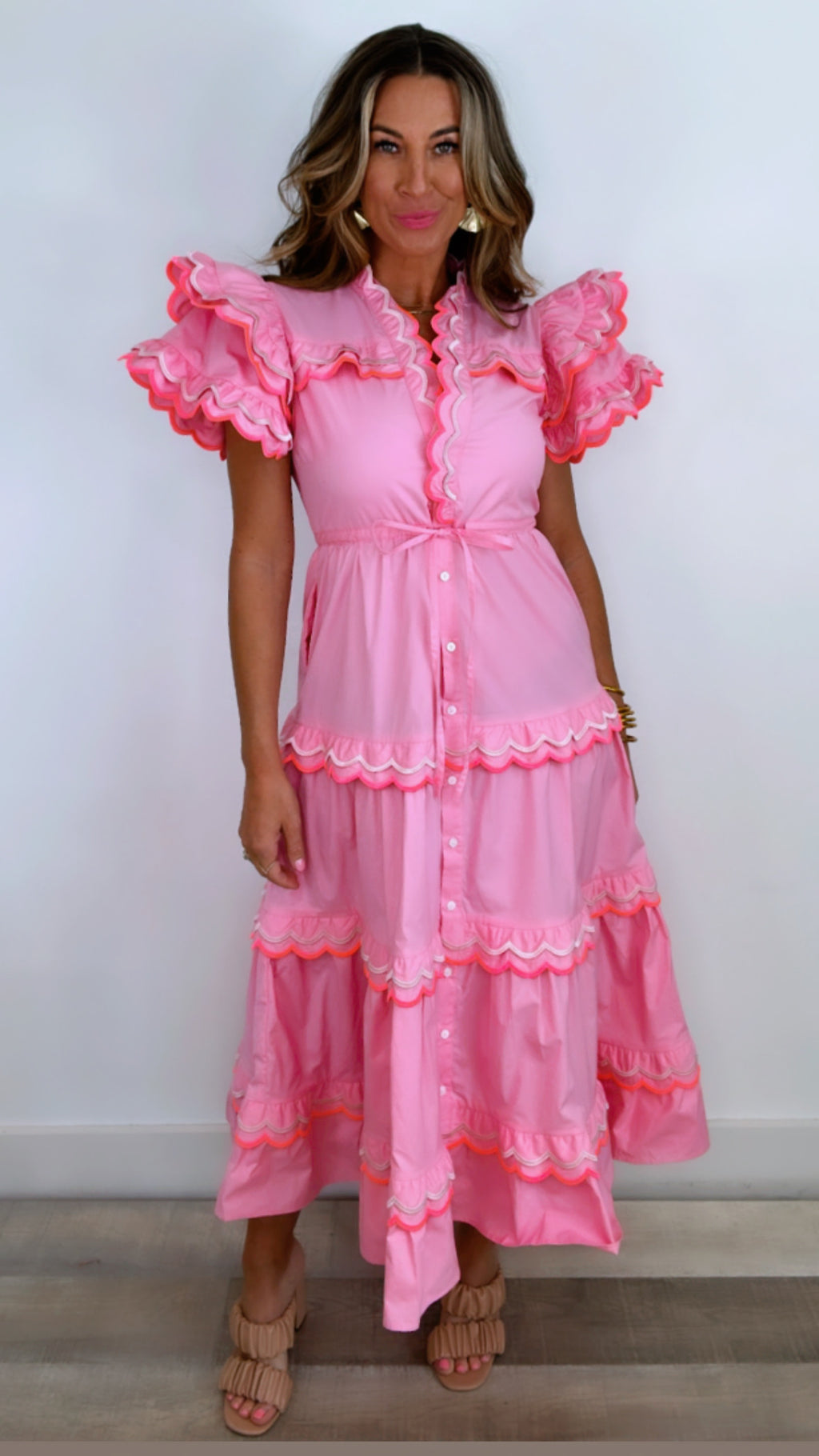 Celia B Eden Pink Ruffle Midi Dress (XS)