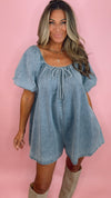 Denim Puff Sleeve Babydoll Relaxed Fit Romper