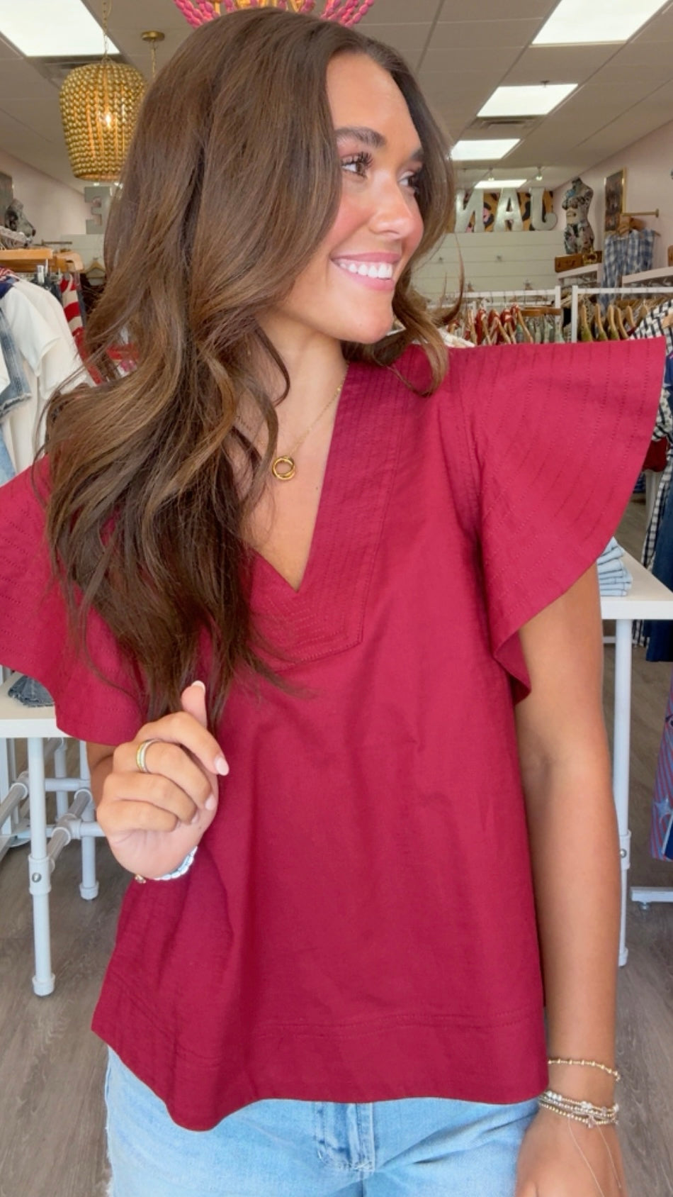 Merlot V Neck Flutter Slv Top