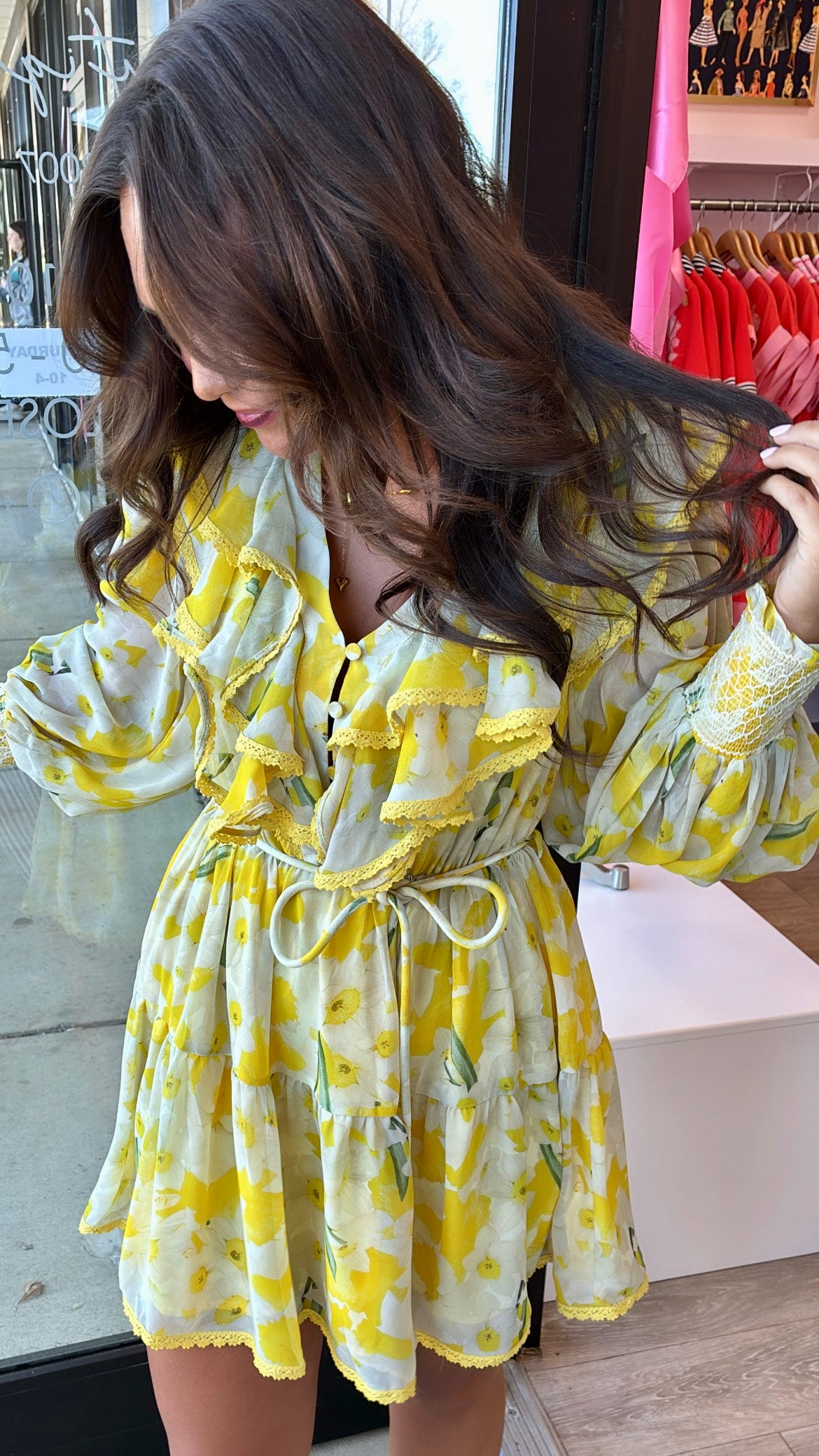 Yellow Ruffle Belted Dress
