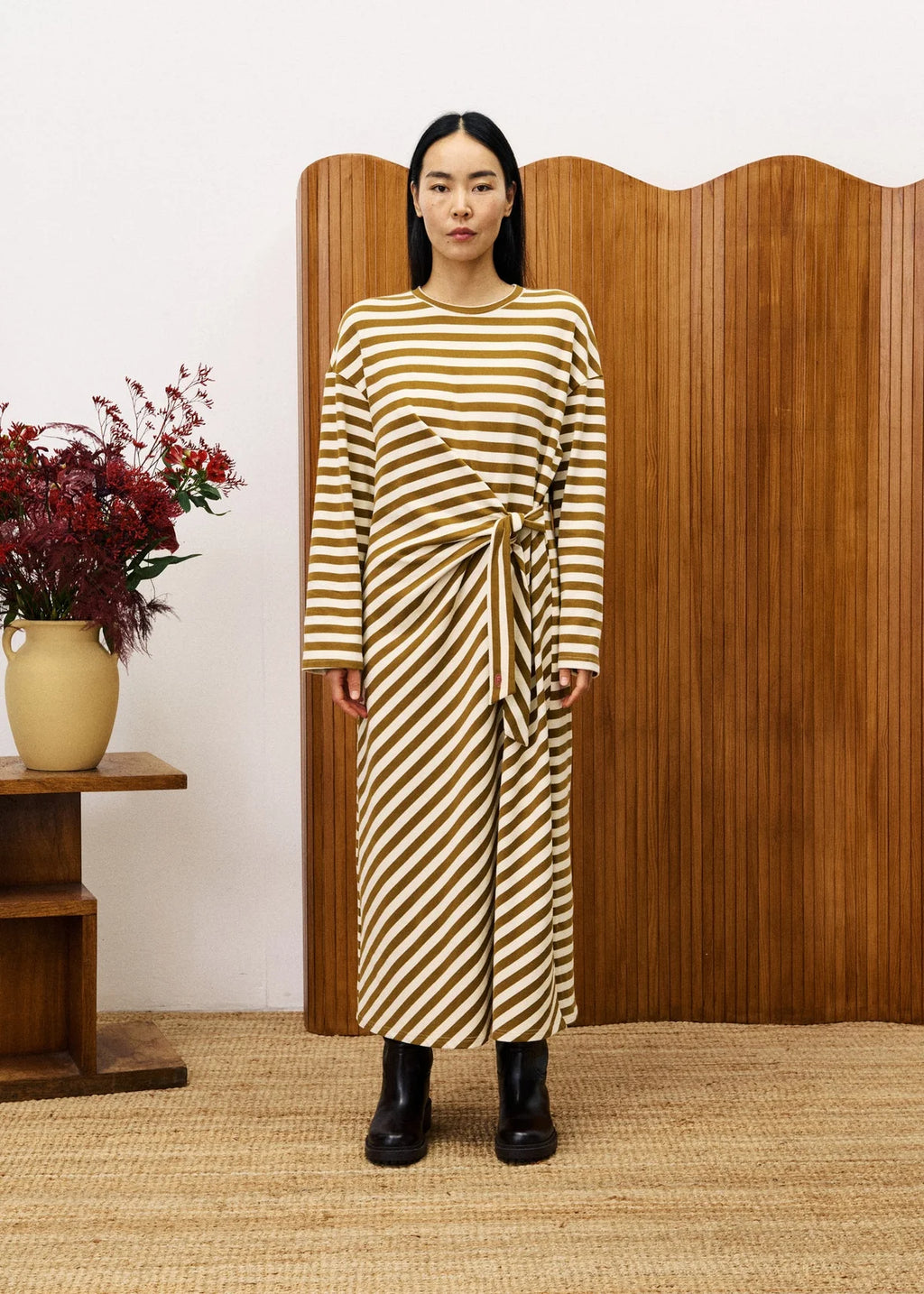 FRNCH Fenouil Olive Stripe Midi Dress