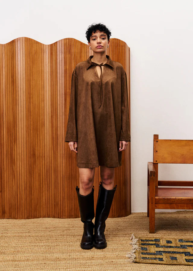 FRNCH Amsonia Tie Neck Brown Dress