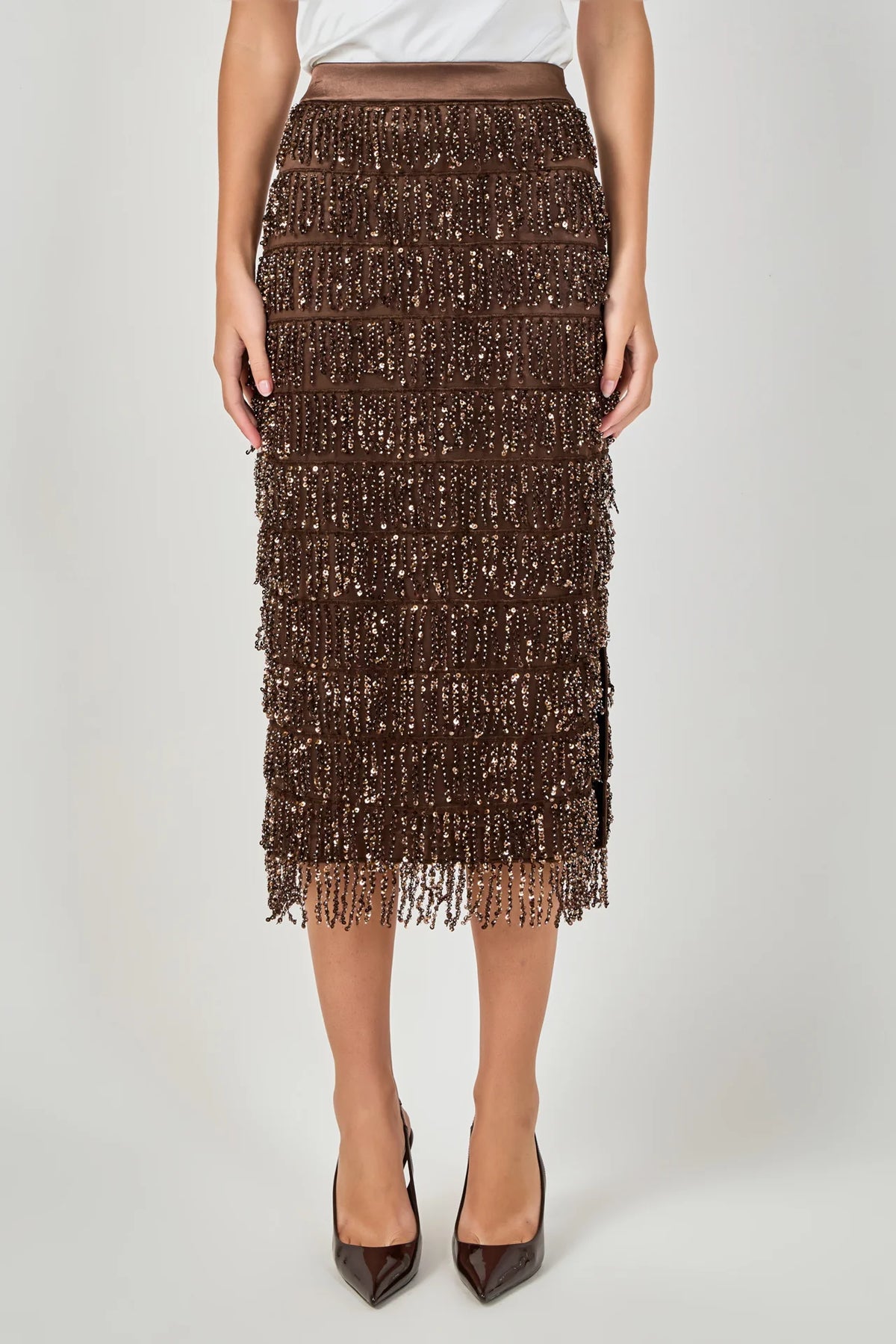 Endless Rose | Brown Sequin Tassel Midi Skirt