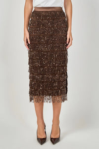 Endless Rose | Brown Sequin Tassel Midi Skirt