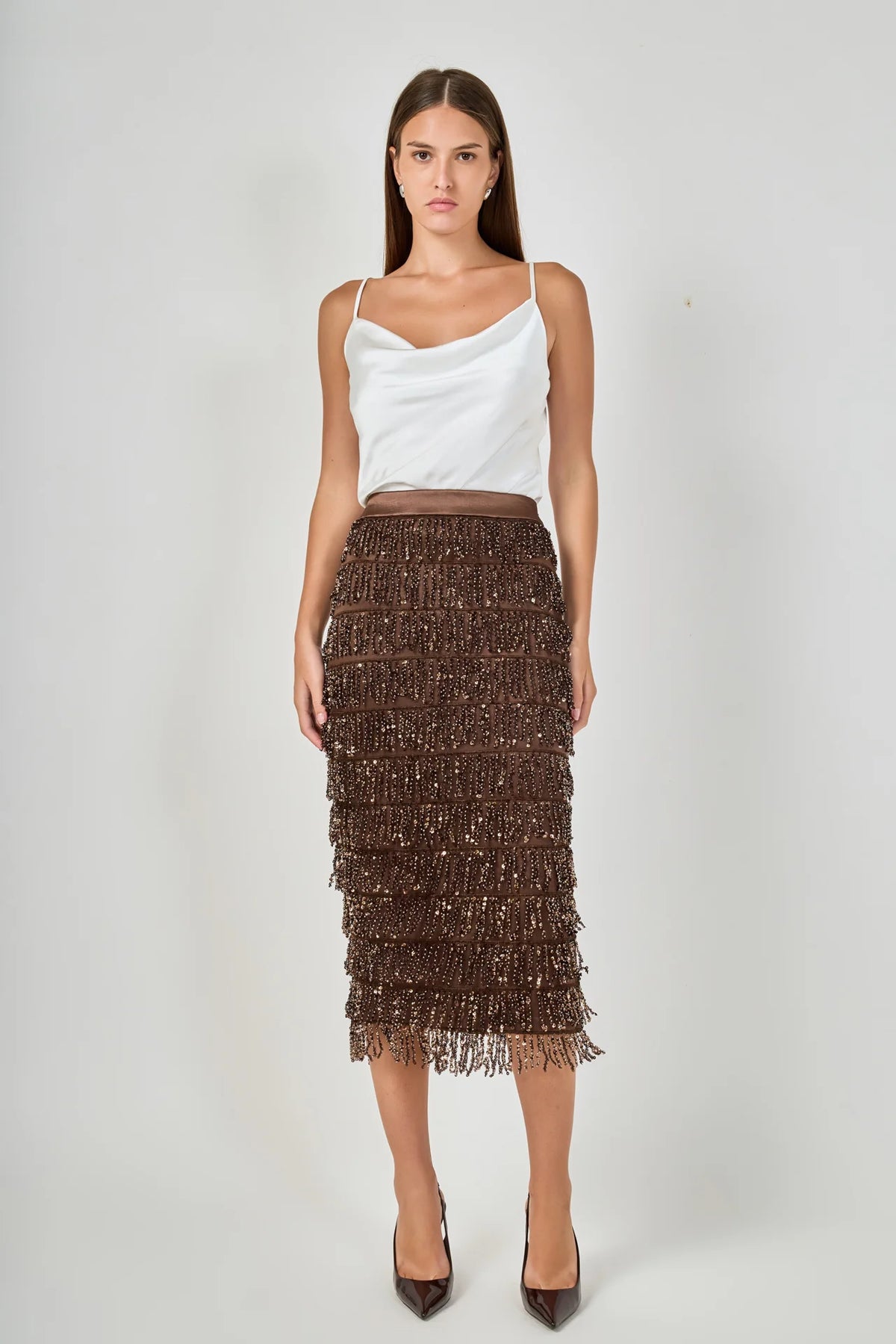 Endless Rose | Brown Sequin Tassel Midi Skirt
