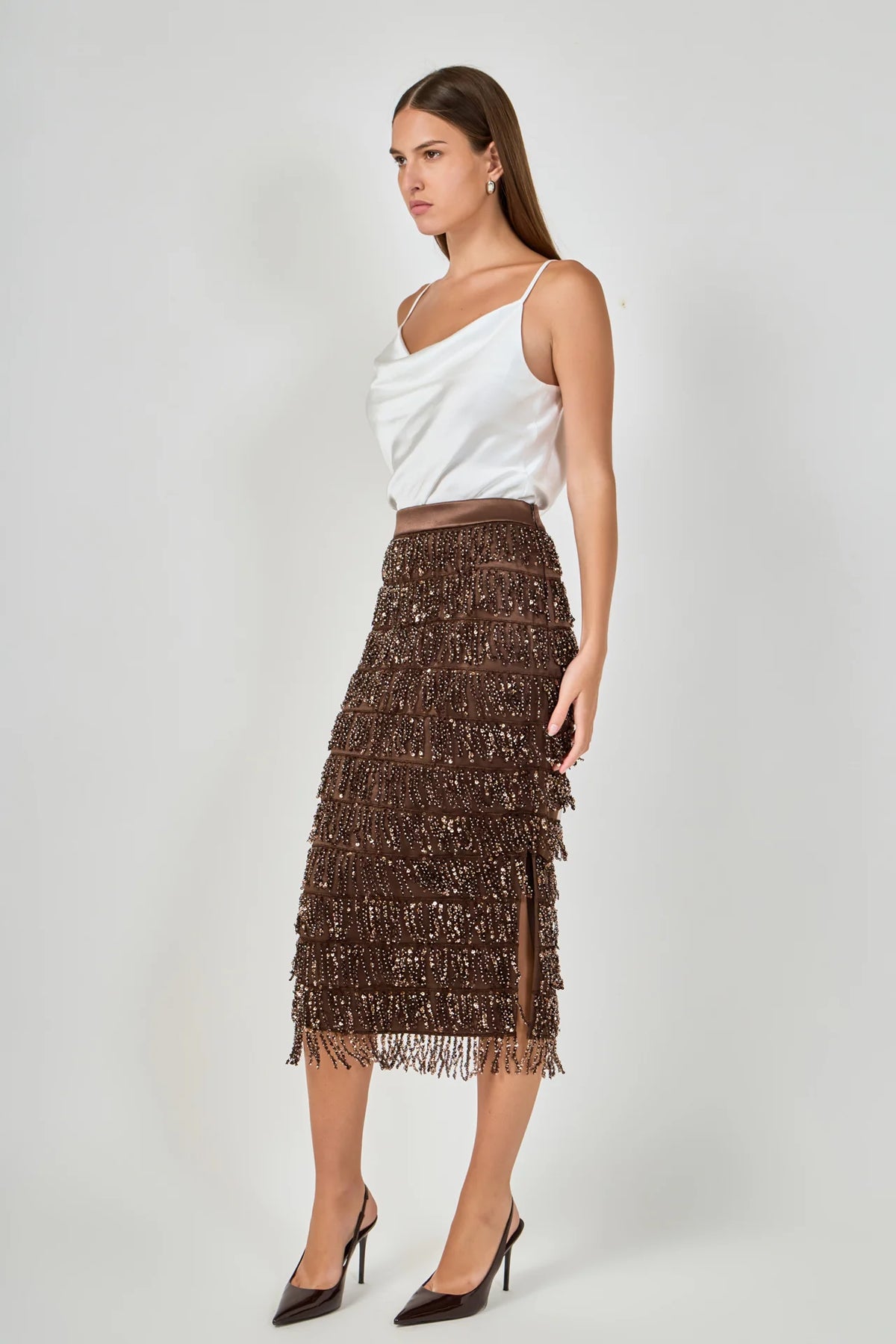 Endless Rose | Brown Sequin Tassel Midi Skirt