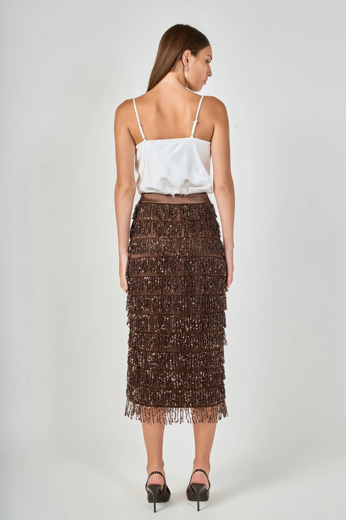 Endless Rose | Brown Sequin Tassel Midi Skirt