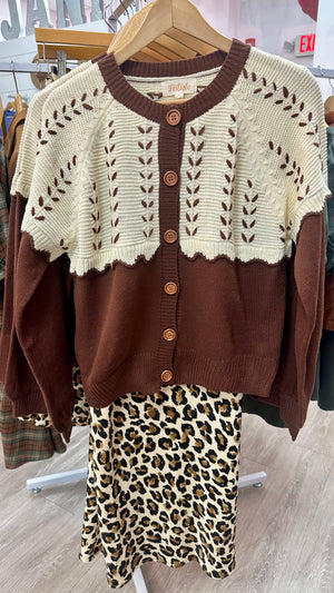 Chocolate Colorblock Scallop Detail Knit Cardigan