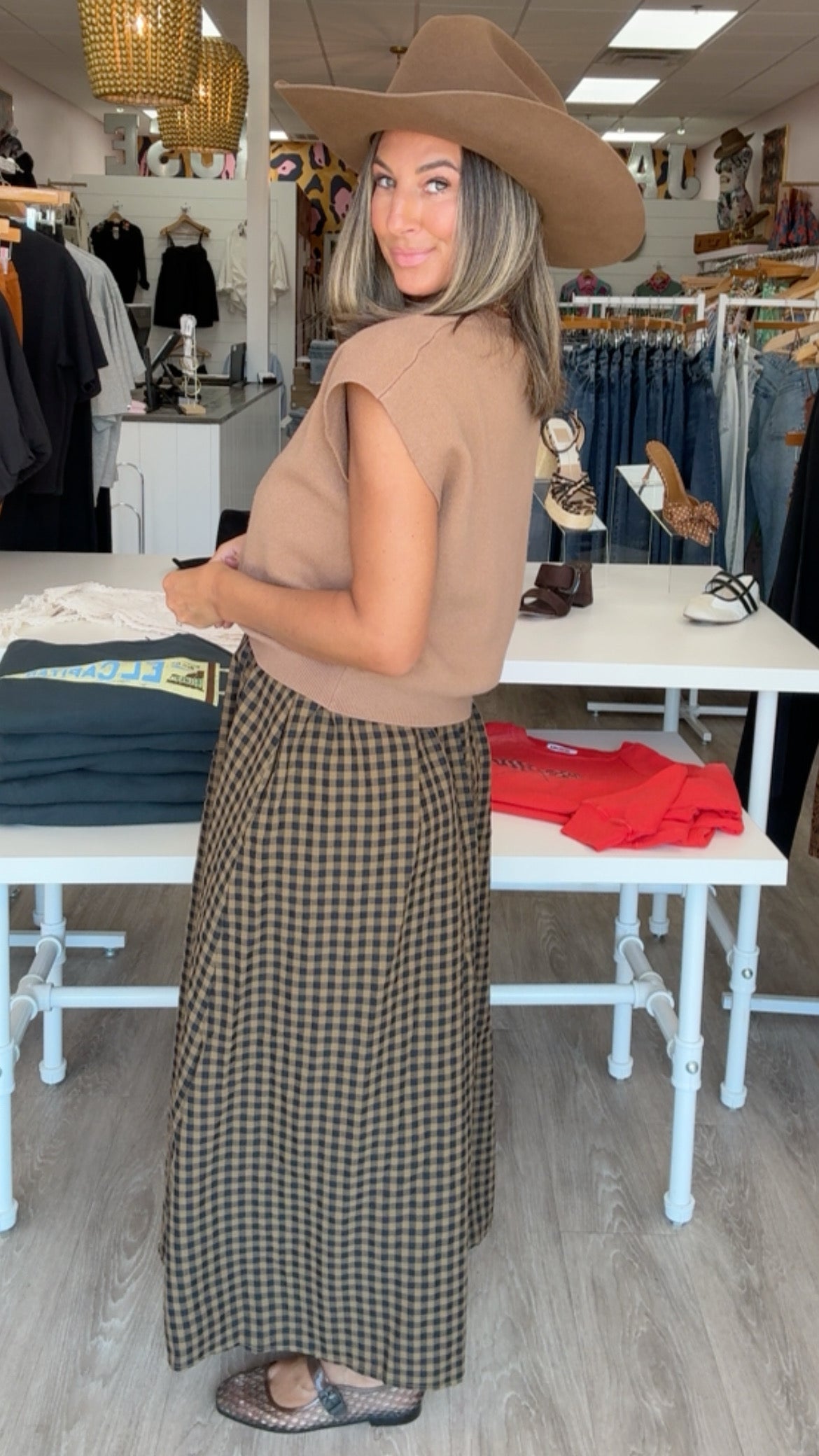 Camel Gingham Midi Dress w/ Removable Cap Sleeve Pullover