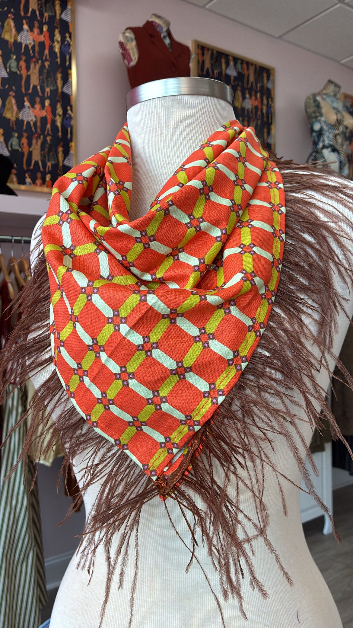Fall Geo Neck Scarf w/ Feather Trim