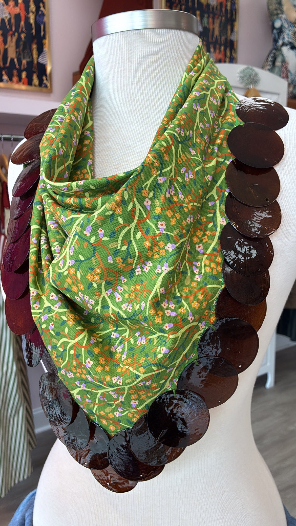 Green Fall Floral Neck Scarf w/ Brown Circle Beads