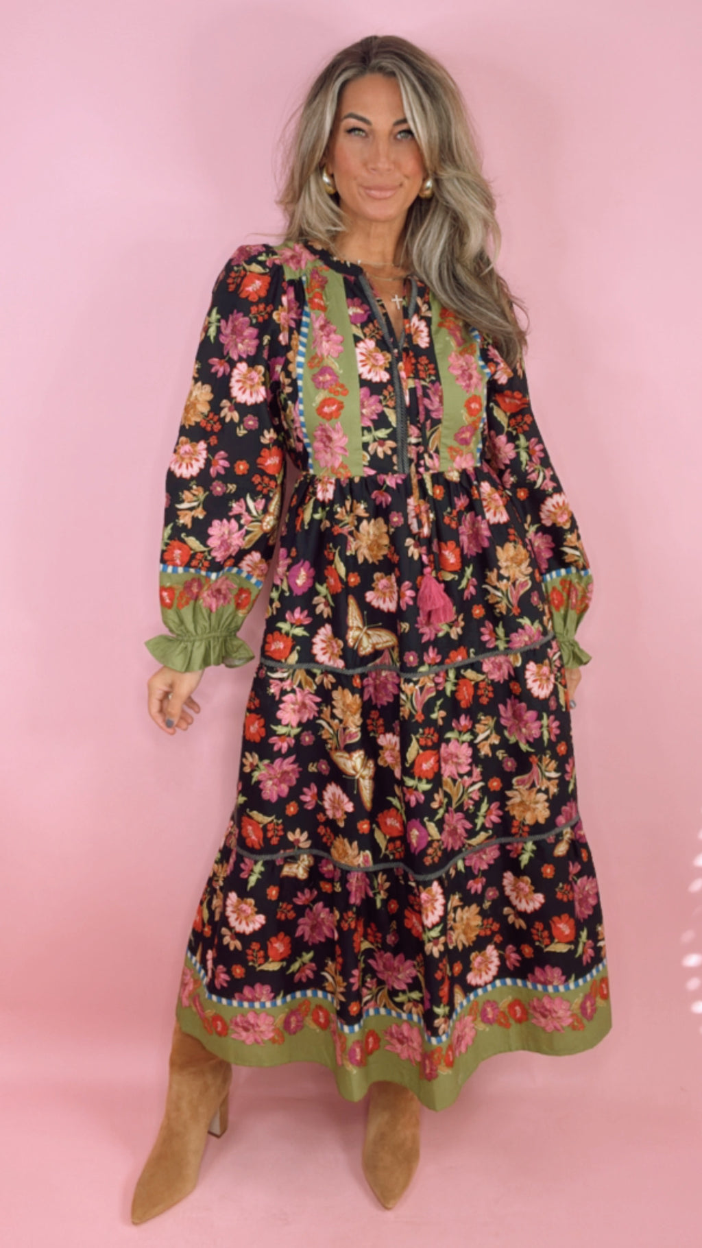 Floral Border Print Midi Dress (1 SMALL)