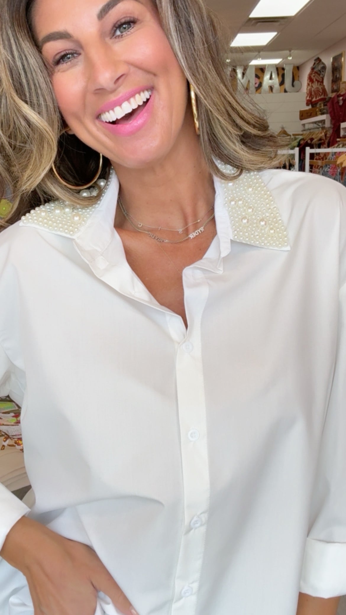 Karlie | White Pearl Collar Poplin Top
